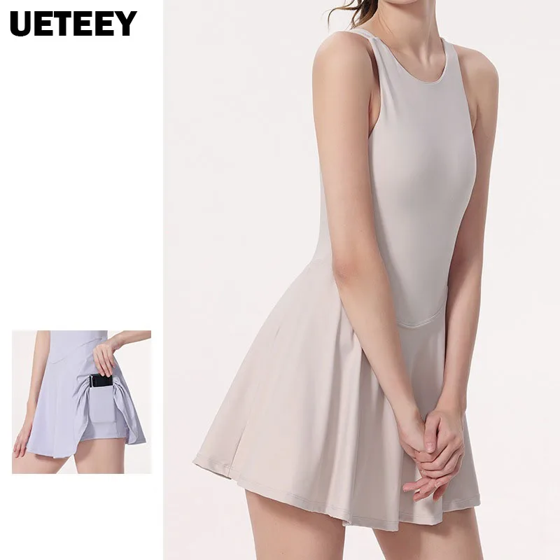 

Feather Tennis Skirts One Piece Yoga Dress with Chest Pads Gym Sets with Shorts Fitness Suits Sports Outfits Women Sportswears