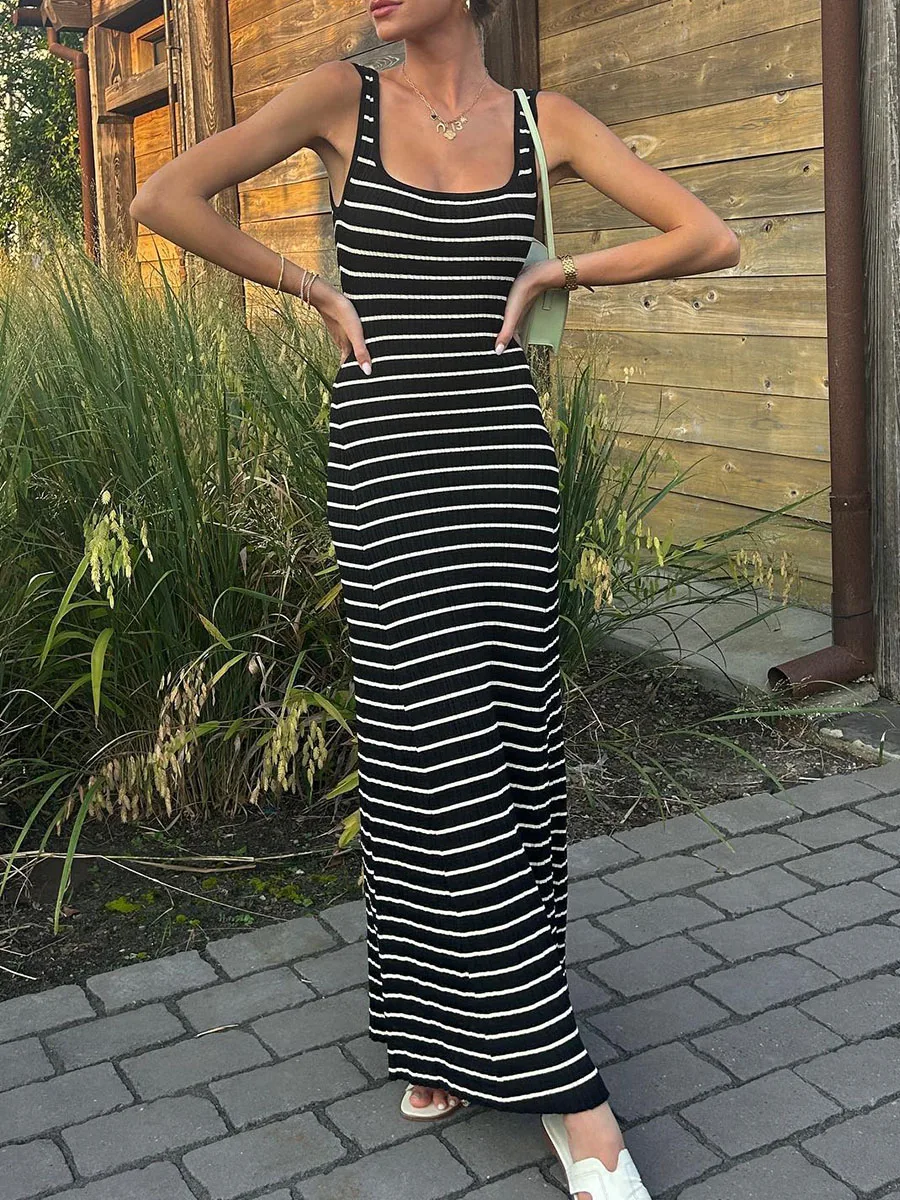 

Женское трикотажное платье макси без рукавов, винтажное длинное облегающее платье в полоску с круглым вырезом, осень 2023