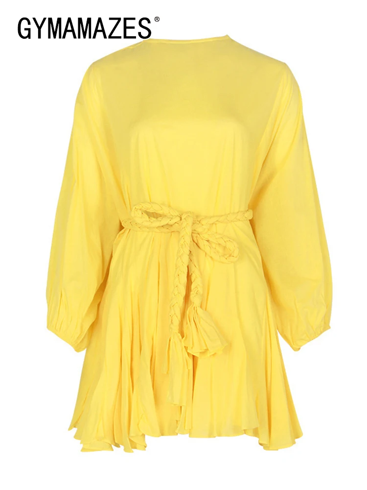 

GYMAMAZES Yellow Casual Dress For Womens Round Neck Long Sleeve High Waist Minimalist Solid Mini Dresses Female New 2022 Spring