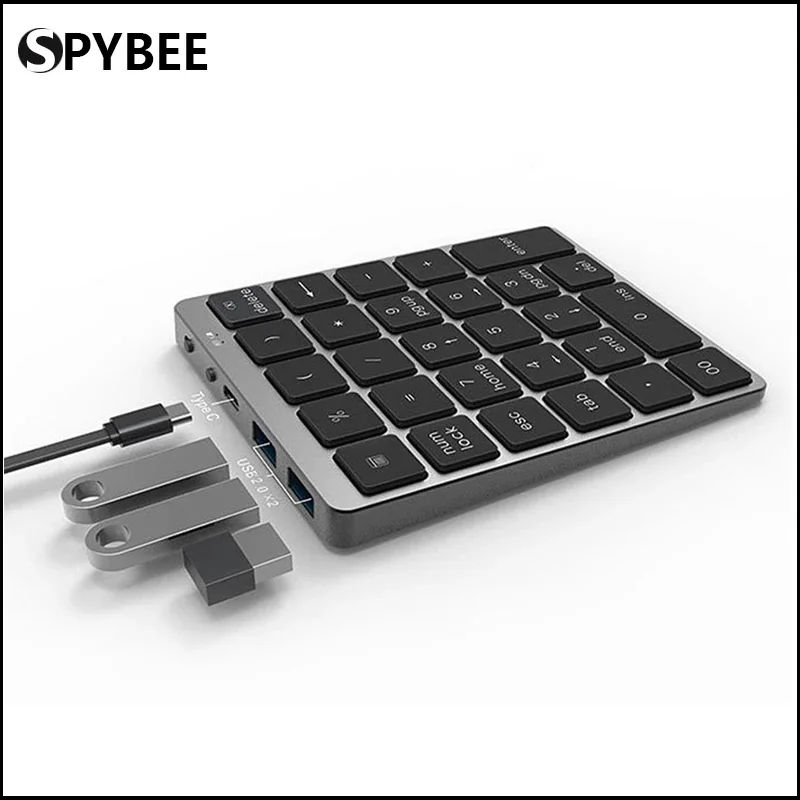 Mini Bluetooth Numeric Keyboard 28 Keys Protable Keypad with USB Hub 2.0 Compatible with Tablet PC Laptop Desktop