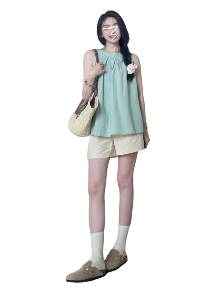 Женская рубашка без рукавов свободная в складку с эффектом допамина летний сезон