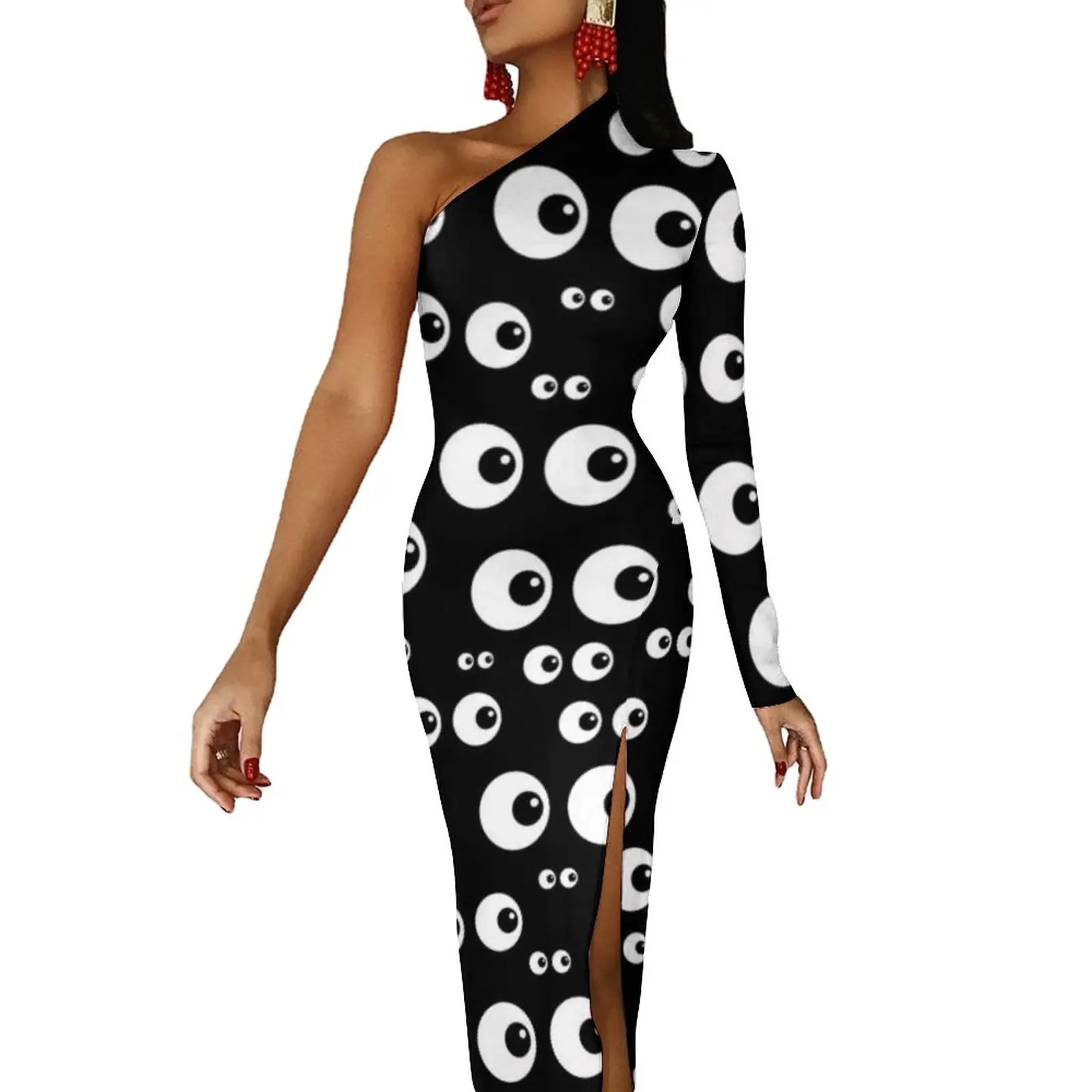 

Cartoon Eyes Maxi Dress Long Sleeve Fun Black and White Eyeballs Design Retro Bodycon Dress Spring Side Split Party Long Dresses