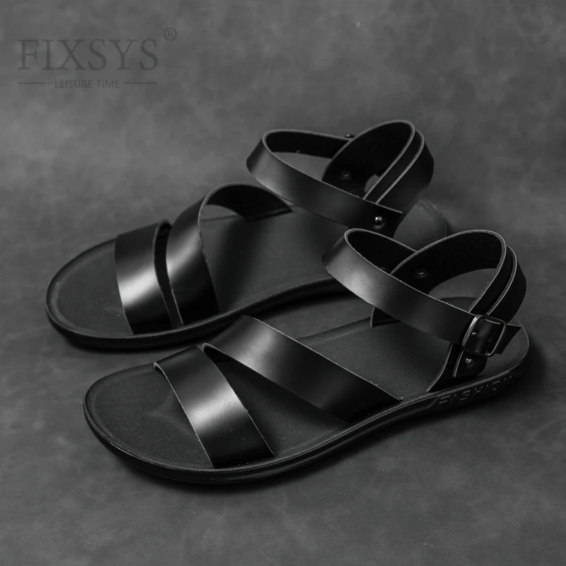 

Сандалии FIXSYS мужские в римском стиле, Уличная Повседневная пляжная обувь, модные шлепанцы, легкие кожаные, черные тапки, летние