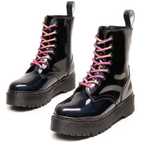 bright genuine leather boots women platform boots lace up zipper female combat boot increase height lady shoes black botas muje