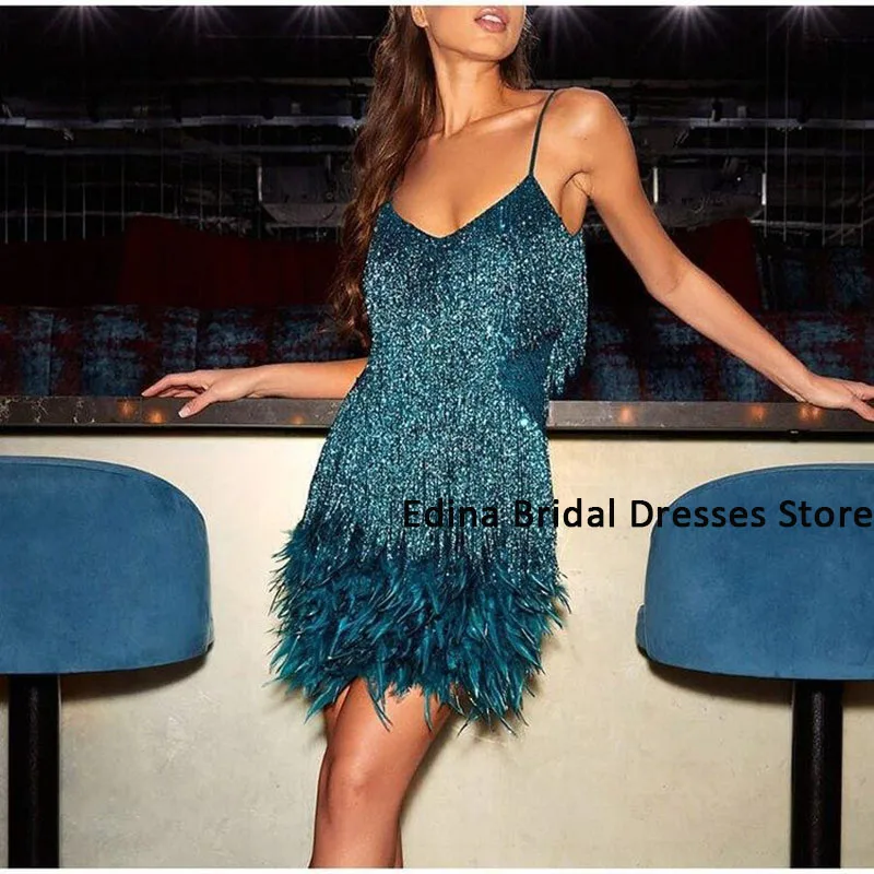 

Sexy Sling Sleeveless Mini Cocktail Dresses Sequins Sweetheart Made From Feather Tassels for New evening Party 2023