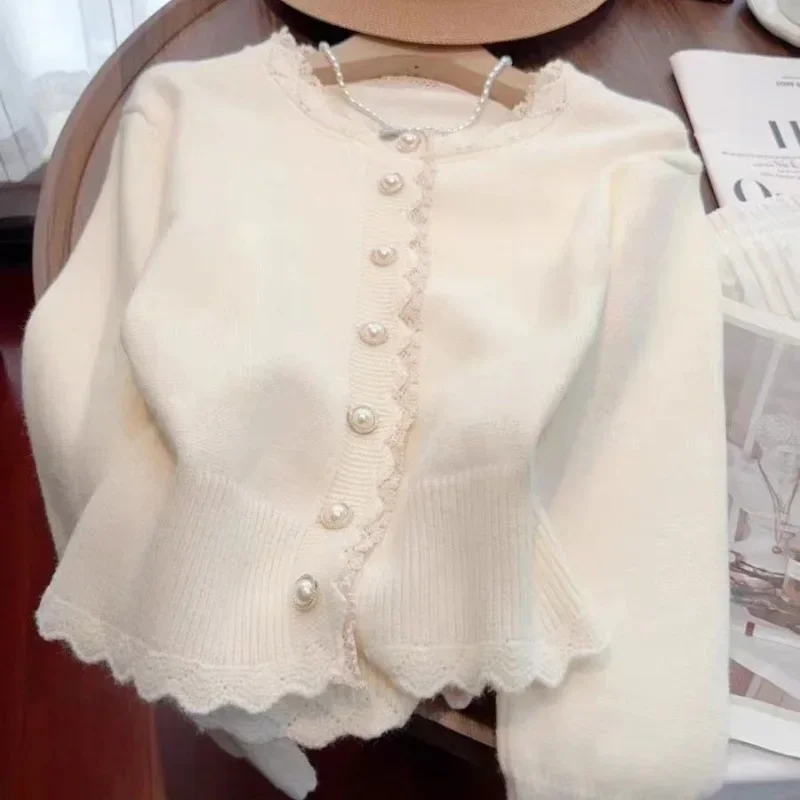 Корейский вязаный кардиган jpaa милый корейский модный кружевной лоскутный нежный