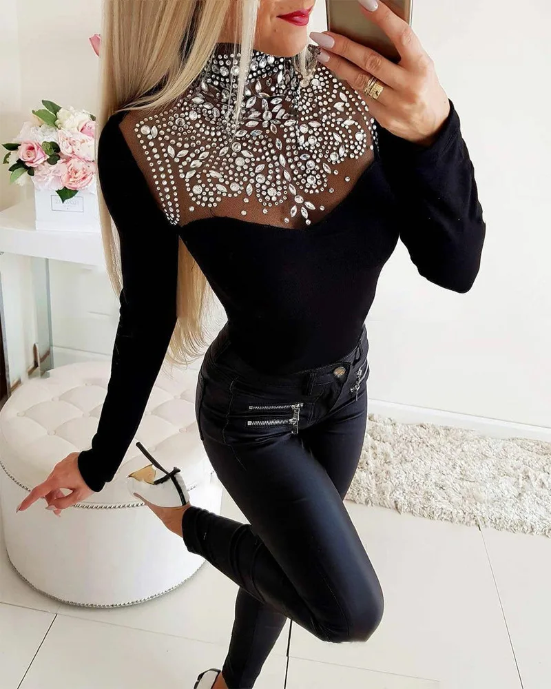 

Diamond Mesh Stitched Slim T-shirt Top Women Autumn Summer 2022 New Fashion