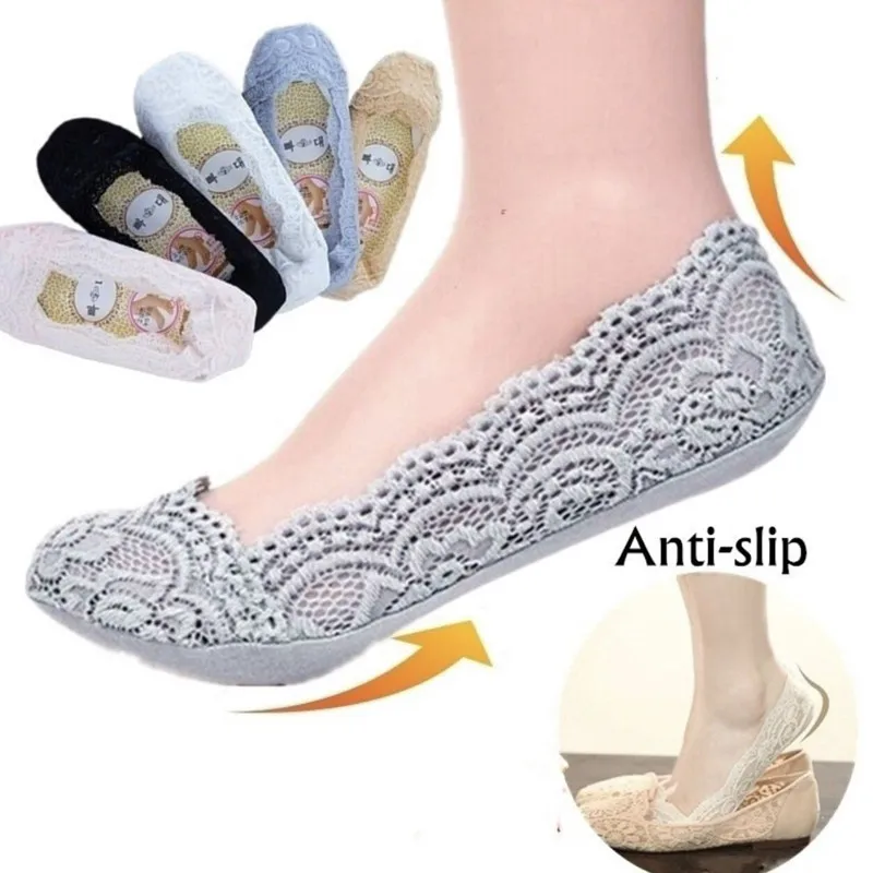 

10Pairs/lot Lace Boat Socks Female Ice Silk Stealth Socks 360 Degrees Silicone Non - Slip South Shallow Mouth Socks