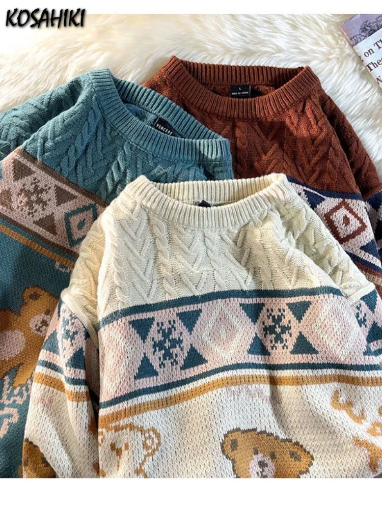 

Свитер с милым медведем для женщин и мужчин, повседневные топы в стиле Харадзюку, Осенний пуловер, свободный милый Блестящий японский джемпер