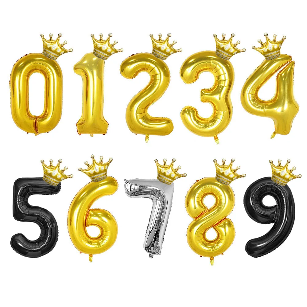 Мини-золотая корона + 32-дюймовый воздушный шар с номером Золото серебро черная
