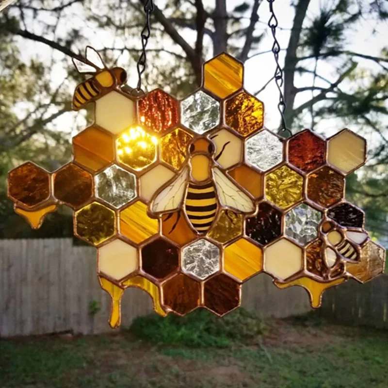 Bee Mosaic Wall Hanging Ornament Bee Decoration Home Garden Pendant Honeycomb Dyed Acrylic Board Pendant Easter Gifts Decor