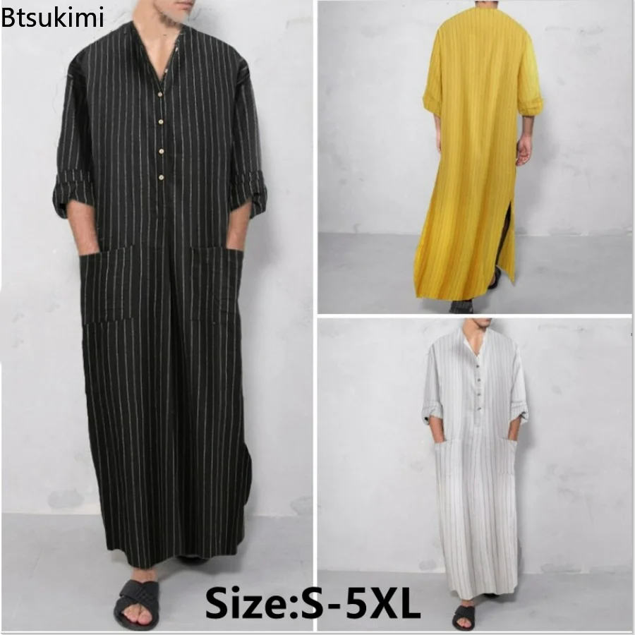 2023 Muslim Fashion Men's Robes Arabian Striped Shirt Ethnic Clothing Long Sleeves Retro Kaftan Islamic Arabic Male Jubba Thobe