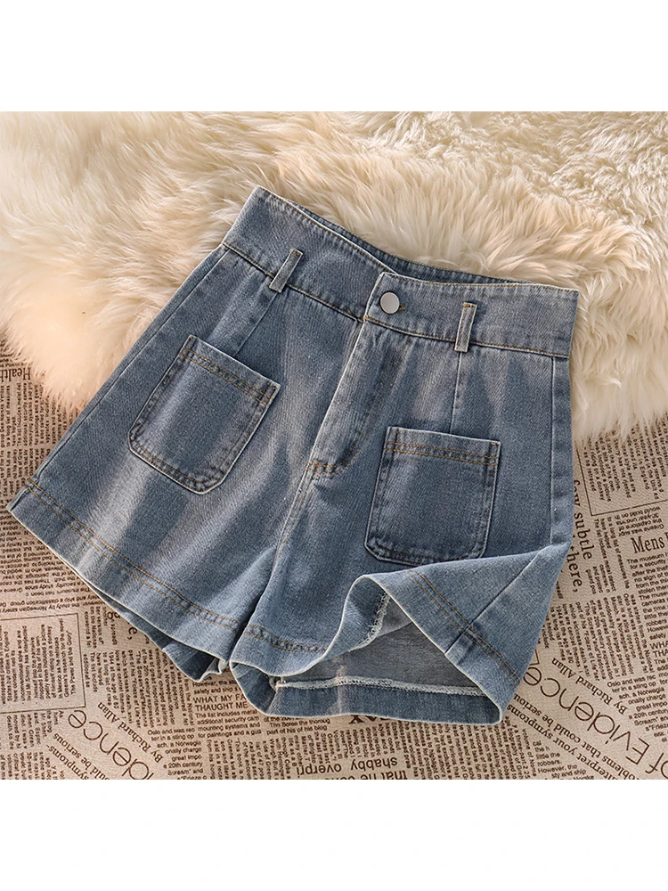 

Женские джинсовые шорты с завышенной талией, синие широкие шорты в Корейском стиле Харадзюку, повседневные винтажные джинсовые шорты А-силуэта, Y2k, лето 2023