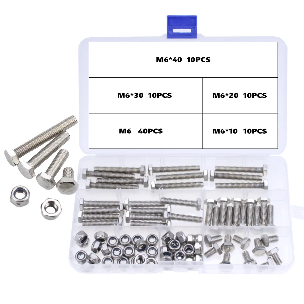 

External Hex Hexagon Head Screw with Lock Nut Set Stainless Steel M6 * 10 20 30 40mm Bolt and Locking Nut Kit Furniture Fittings