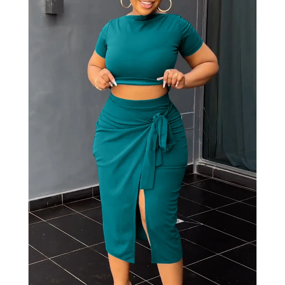 Summer Women Slash Neck Short Sleeve Crop Top & High Waist Hem Split Lace up Skirts Set Causal Streetwear New In Suit 2023 y2k