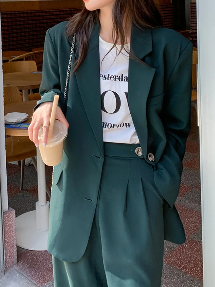 

Women's 2022 Fashion New Single Breasted Loose Fit Green Blazer Set Female Chic Jacket+Casual Pants Suit Outerwear Outfit Autumn