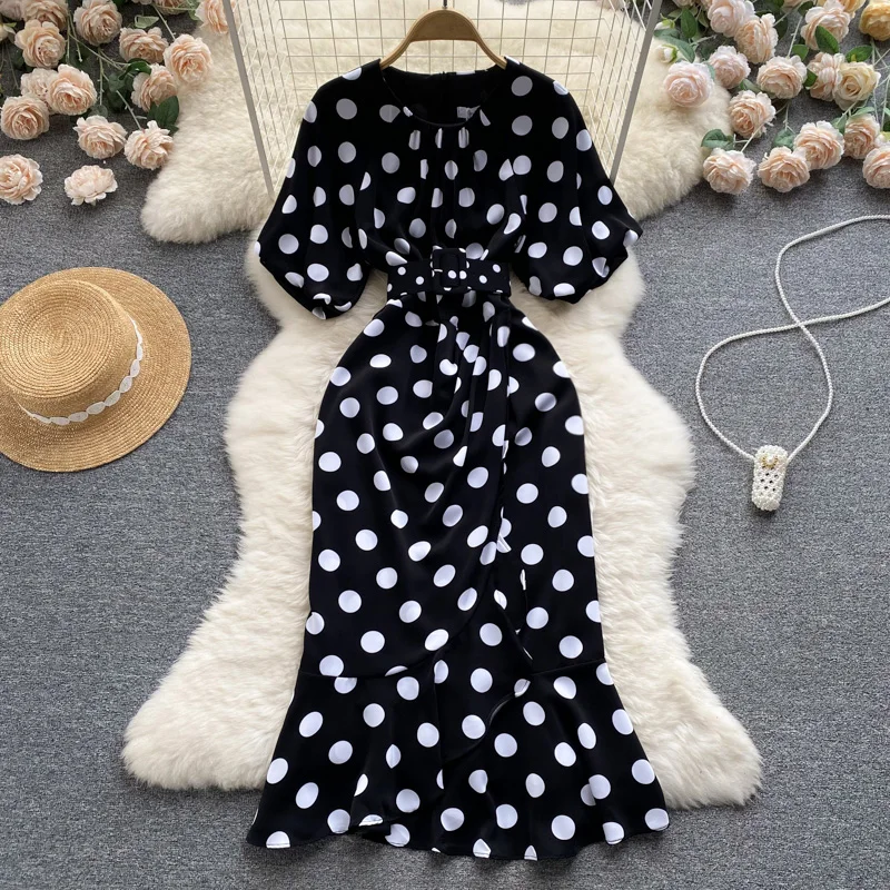 

SuperAen 2022 Summer New Slim Hip Wrapped Fishtail Wave Dot Print A-LINE Flounced Edge Woman Dress