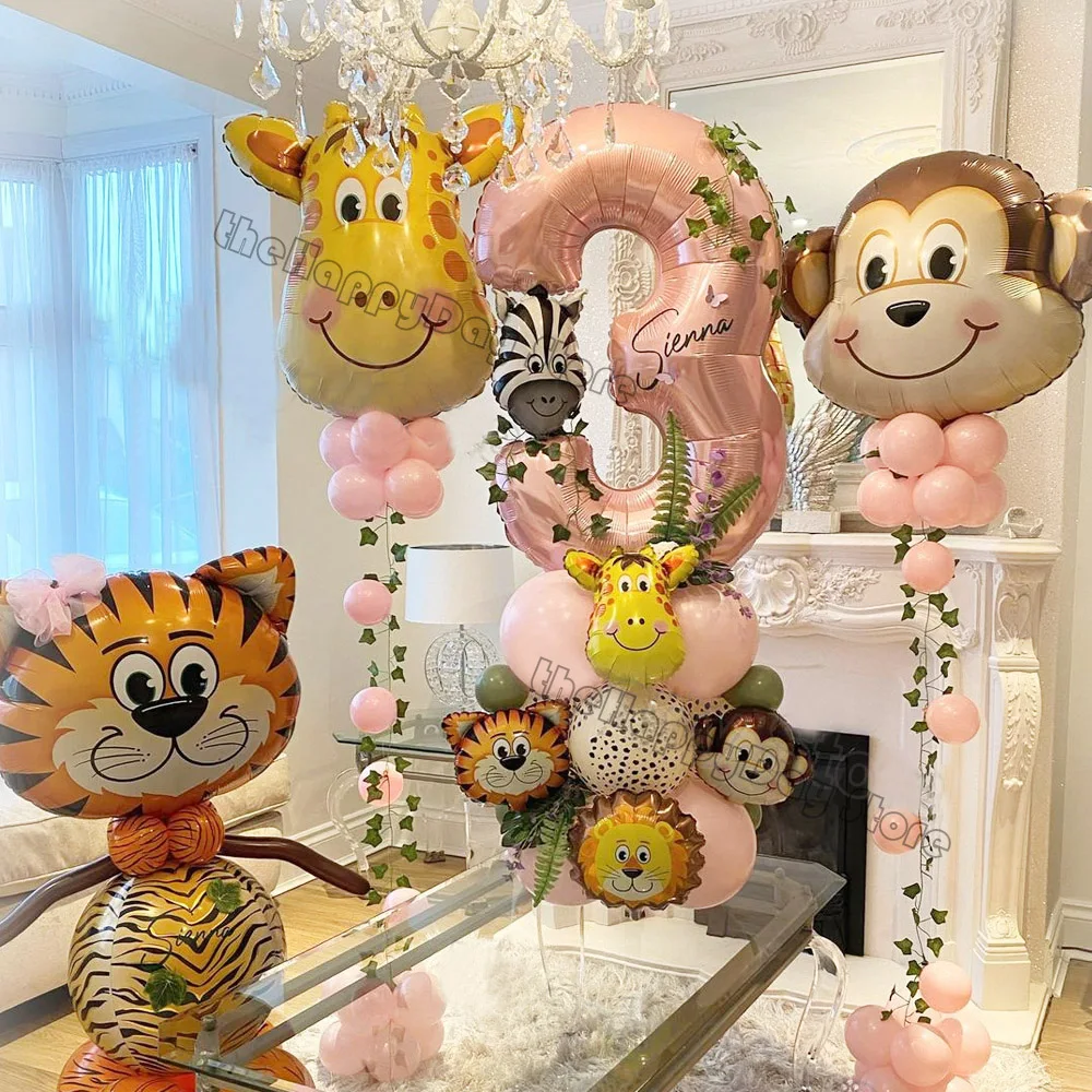 Globos de aluminio de animales de la selva, decoración de fiesta de cumpleaños, León, Tigre, Safari rosa, Wild One, Baby Shower