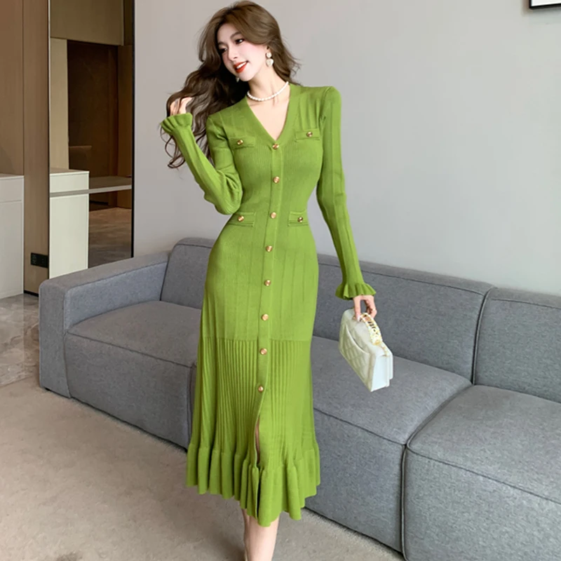 

Осенне-зимнее женское модное трикотажное однобортное Повседневное платье средней длины, винтажное облегающее элегантное женское платье