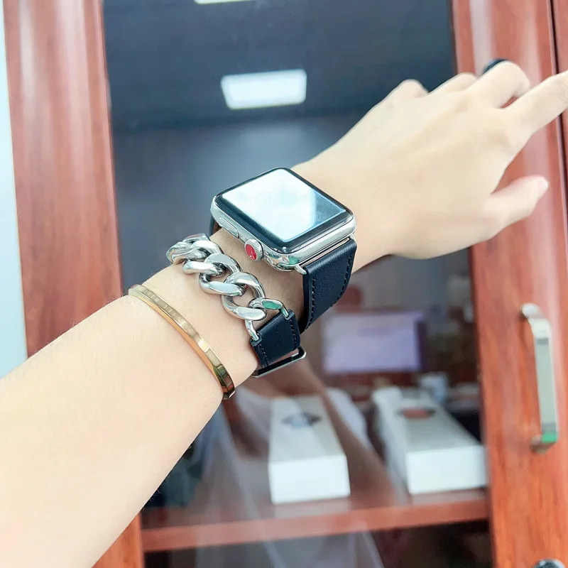 Logo Genuine Gourmette Metal Double Tour Strap For Apple Watch Band Ultra 49mm 44mm 45mm Leather Loop iWatch 42mm 41mm 38mm 40mm