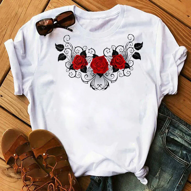 

Red Rose Printed T Shirt Women Fashion New T Shirt Female Cute Graphic Tee Tops 90s Ladies Harajuku Women Short Sleeve T-shirts