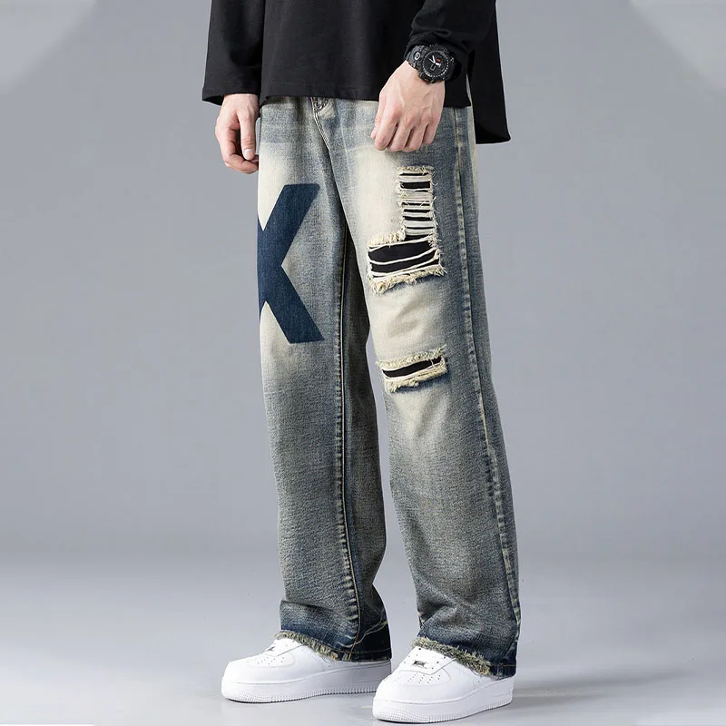 Blue Ripped Holed Wide Leg Jeans Men High Quality Loose Casual Denim Pants Autumn Hip Hop Streetwear Baggy Jeans for Men