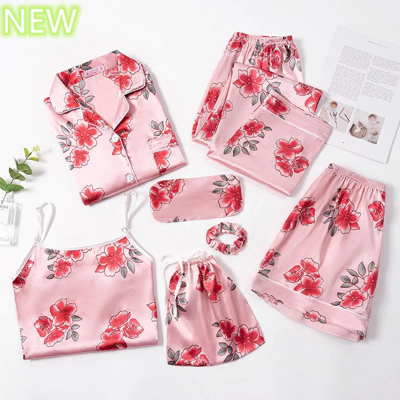 Summer Pajamas Set Sexy Sleepwear Women Pink Striped Full Sleeve Pyjama Women's Rayon Polyester Fashion Autumn Home NEW Clothes