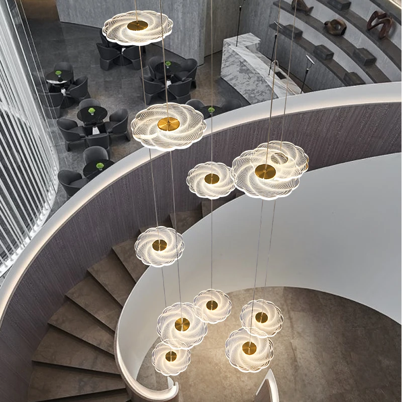 

Nordic modern staircase led chandelier villa hotel lobby hanging decorative lamps compound building spiral long line Chandelier
