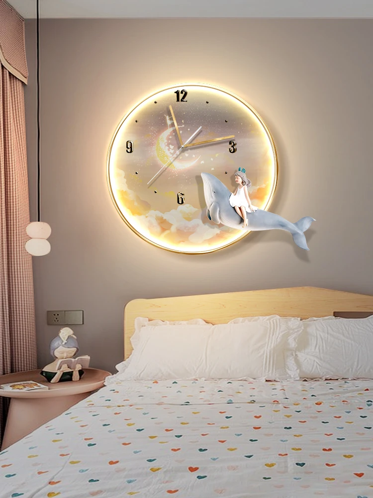 

Children's room decoration painting cartoon cute girl room hanging painting, bedroom bedside warm with clock watch creative ligh