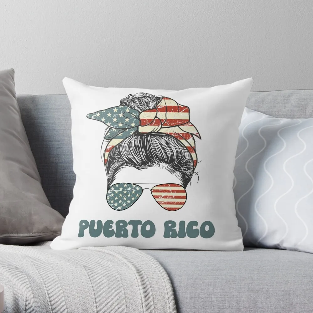 

Puerto Rico Messy Bun USA Flag Glasses 4th Of July Patriotic Throw Pillow Print Zipper Decorative Pillowcase