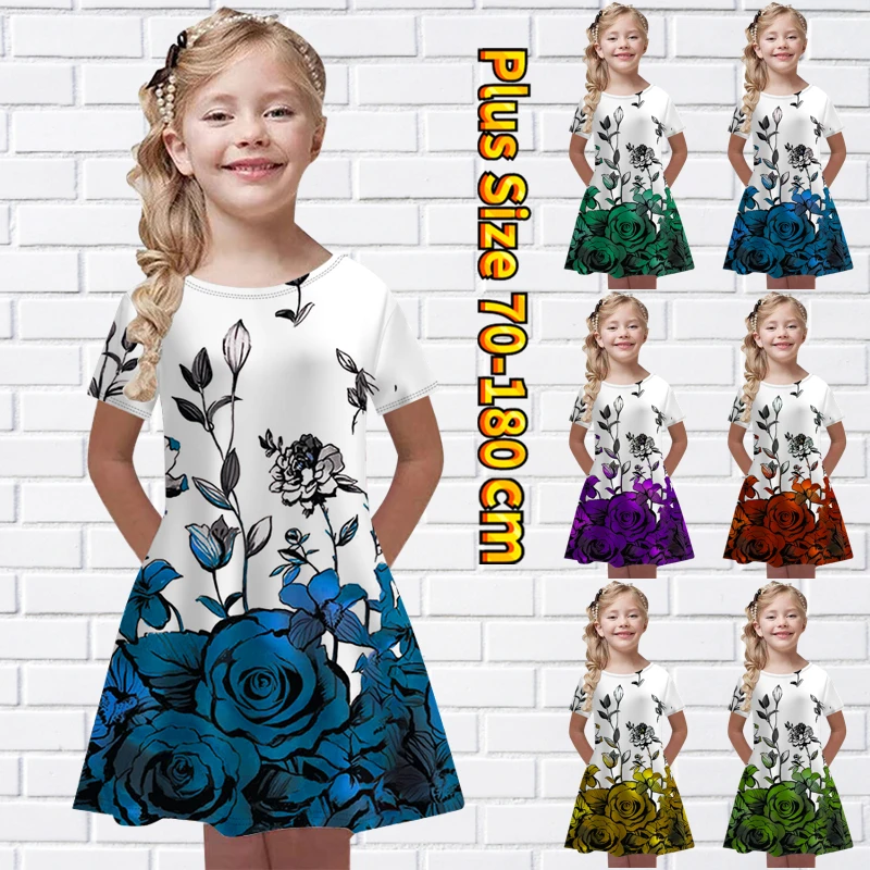 

Новинка лета 2022, юбка с круглым вырезом и коротким рукавом, повседневная юбка до колена с цветочным принтом для маленьких девочек, юбка миди, модное платье принцессы