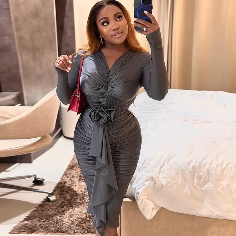 

Женское платье-карандаш с длинным рукавом, однотонное элегантное облегающее ТРАПЕЦИЕВИДНОЕ ПЛАТЬЕ с цветочным принтом, весна 2023