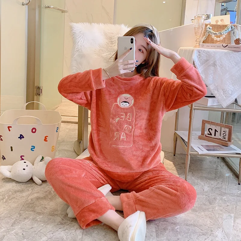 

Зимняя Пижама женская фланелевая утепленная бархатная теплая Пижама коралловый бархат с квадратным вырезом и бантом удобная повседневная домашняя одежда