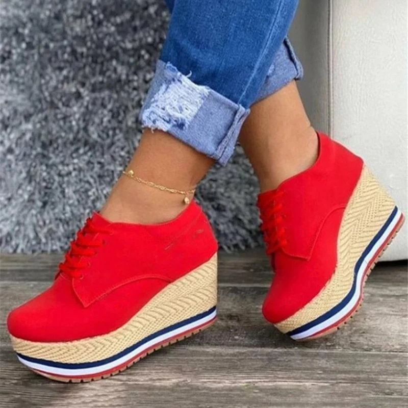 

New Women's Casual Shoes Fashion Solid Color Wedge Lace-Up Loafers Outdoor Platform Comfortable Vulcanized Shoes Sapatos Casuais