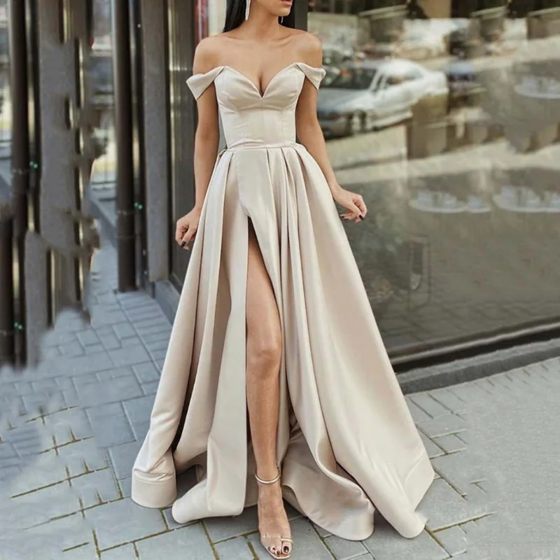 

Summer Women Off Shoulder Strapless Club Party Dress Spring Elegant Slash Neck Backless Maxi Dress Short Sleeve Split Lady Dress