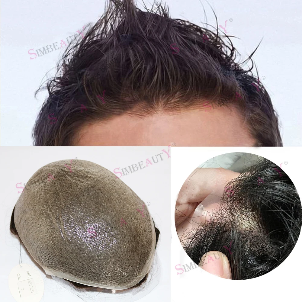 Natural Hairline 0.02mm Super Thin Skin Invisible 80-90%Density Men Toupee Light Brown Silver Grey Human Hair Prosthesis System