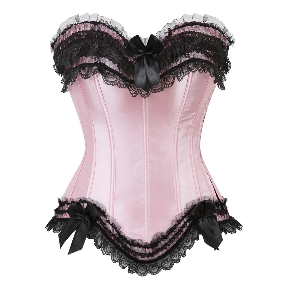 

Sexy Satin Overbust Corset Top Lace Bowknot Decorated Clubwear Showgirl Body Shaper Plus Size