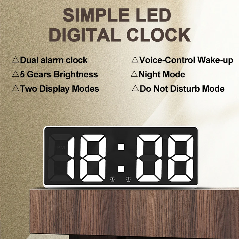 

Цифровой будильник с голосовым управлением, 2 будильника, 12/24 часа светодиодный светодиодные настольные часы, большой экран, прикроватные ч...