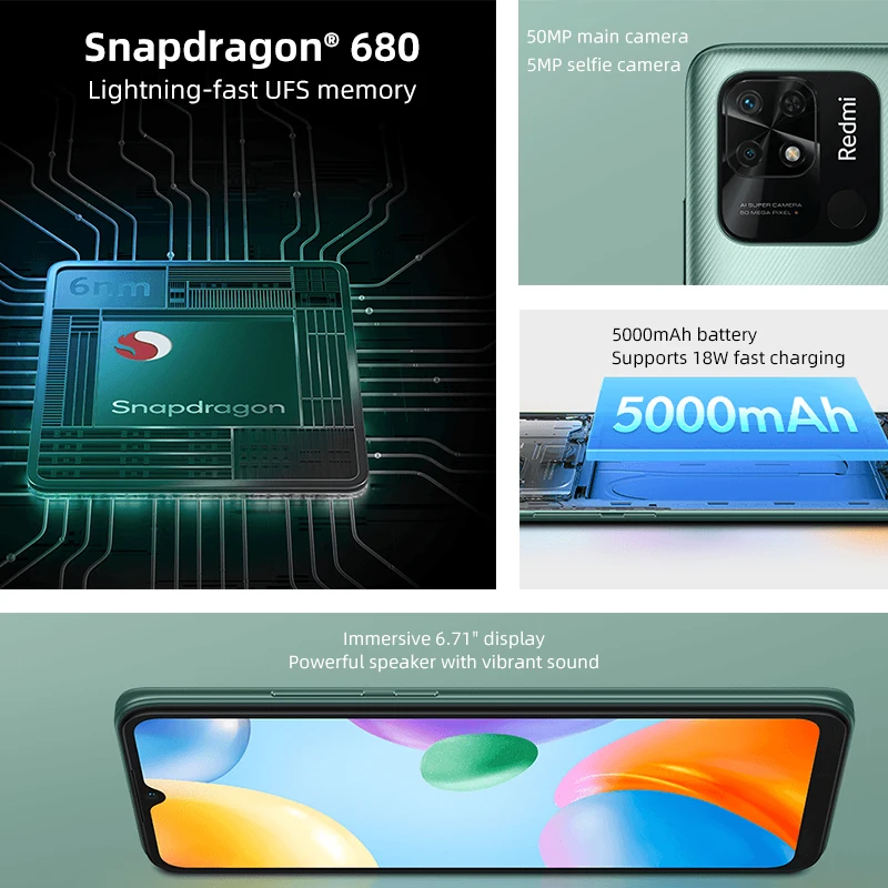 Смартфон Xiaomi Redmi 10C восемь ядер экран 680 дюйма 4 Гб + 64 ГБ/4 ГБ |