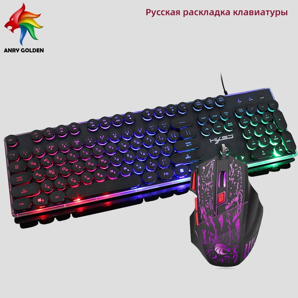 

J40 Russian Keyboard and Mouse Combo Rainbow Backlit LED USB Wired Gaming Mice for Computer Desktop PC Laptop and Windows