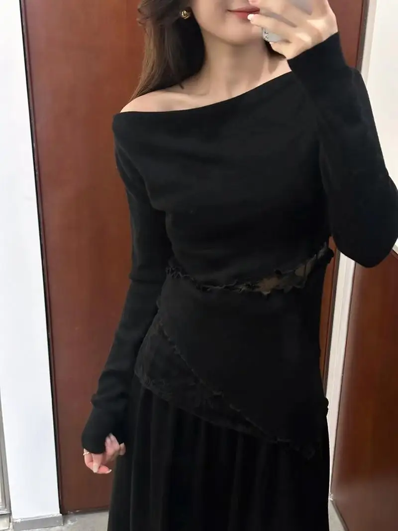 Кружевной вязаный топ с длинными рукавами и красивым дизайном в стиле пэчворк