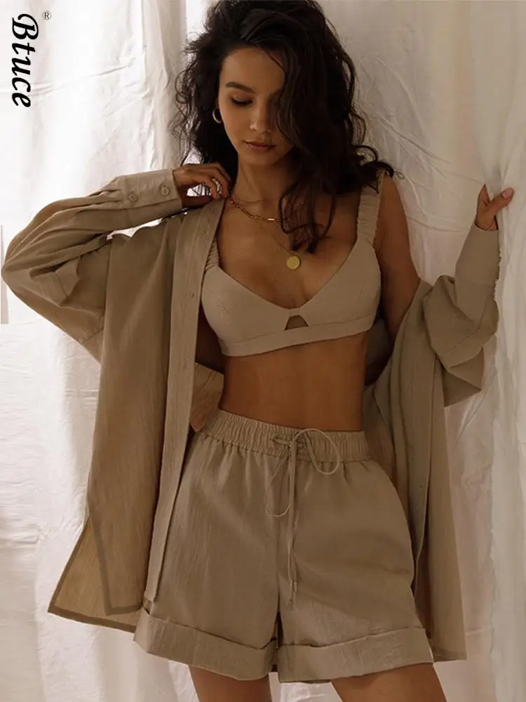 

Summer Women Cotton Tracksuit Two Piece Set Casual Shorts Set 2022 Female Long Sleeve Shirt Tops And Loose Mini Shorts Suit