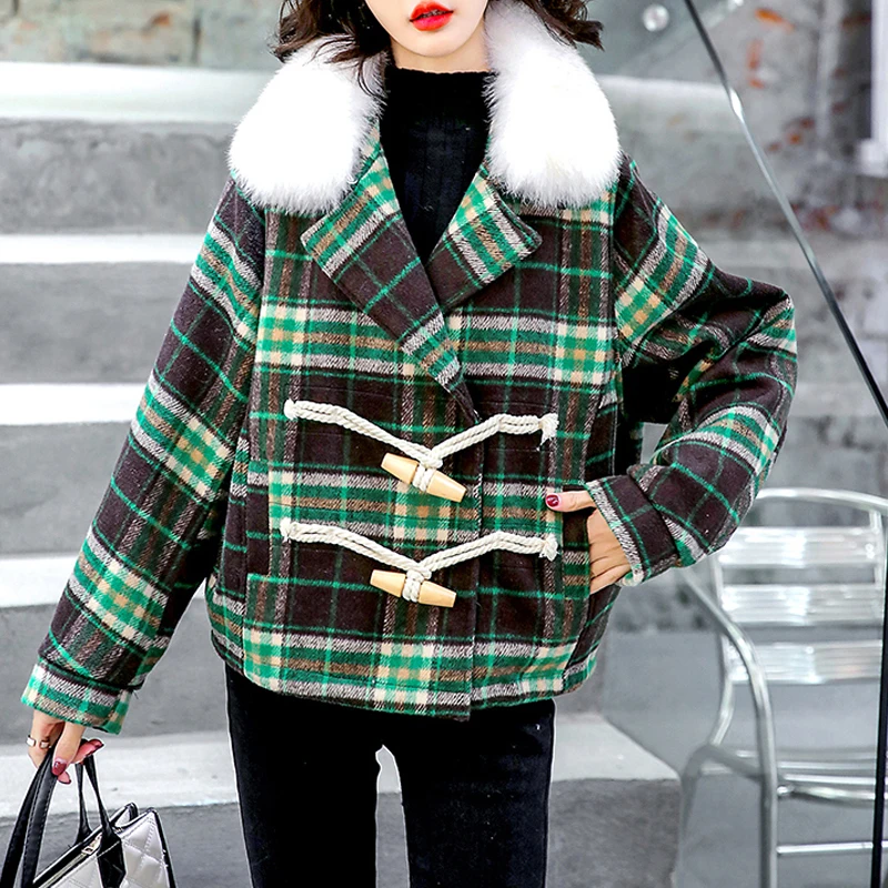 

Winter New Oversize Loose Cocoon Wool Blends Fur Collar Plaid Thick Coat Warm Winter Short Jacket Women Woolen Outerwear