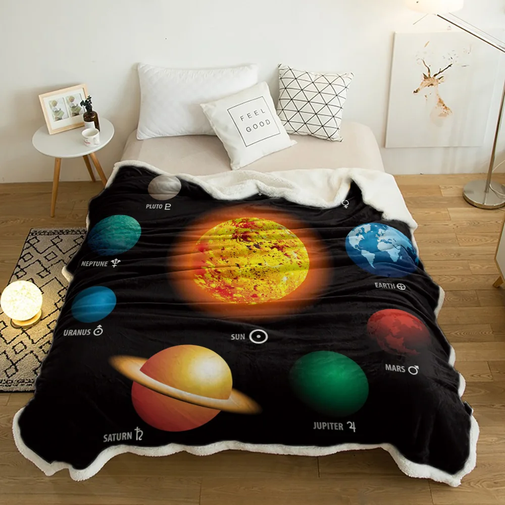 

Планетарная система, черное зимнее шерстяное плюшевое одеяло, толстое Флисовое одеяло для взрослых и детей, для путешествий и офиса, покрыв...