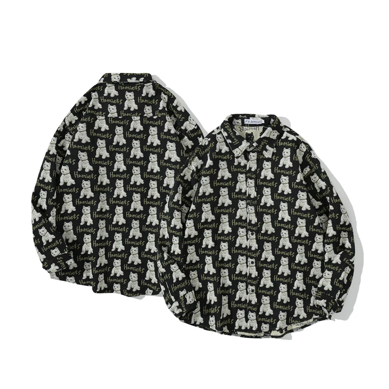 

Cartoon Puppy Embroidered Full Printed Shirt Men's Retro Long Sleeve Cardigan Spring Outswear Fashion Couple Streetwear Cute Top