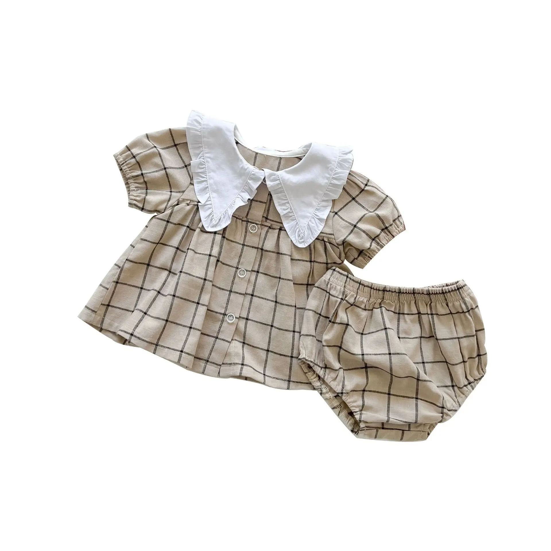 RiniLucia Summer Toddler Infant Baby Girl Cotton Casual Outfits Set Plaid Bodysuit+Shorts Cute Baby Clothes