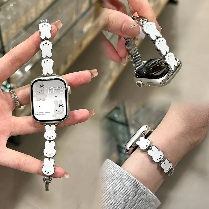 Фото Кожаный ремешок для часов Miffy Rabbit для Apple Watch S11/10/9/Se/Ultra Series, милый женский ремешок №1