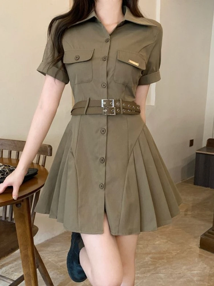 

HOUZHOU Summer Vintag Dress Women Streetwear Pleated Mini Dresses Belt Korean Fashion Harajuku Gothic Casual Female Robe