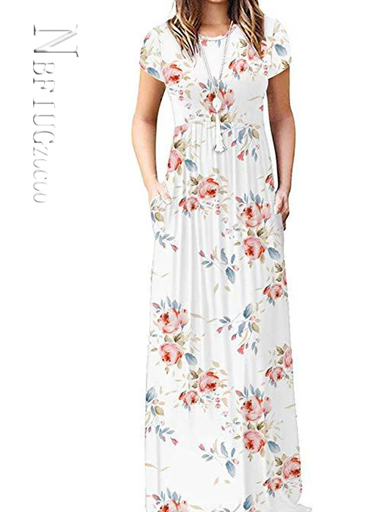 

2022 Summer Maxi Floral Dress Women Long Party Dress Ladies Loose Pocket Short Sleeve Casual Flower Dress Robe Femme
