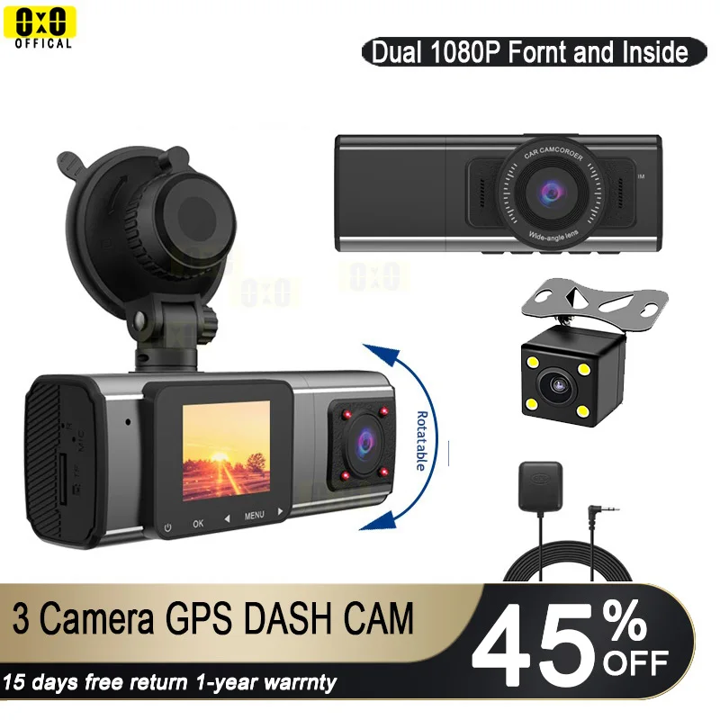 Dash Cam 3 Cameras Front and Inside 1080P HD Rear Camear GPS Track Vehicle Black Box Car Video Recorder for Taxi Uber